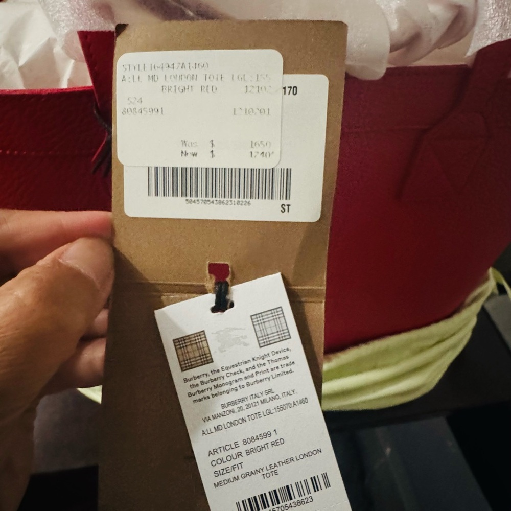 Burberry Bright Red Leather Tote 100% Authentic and New